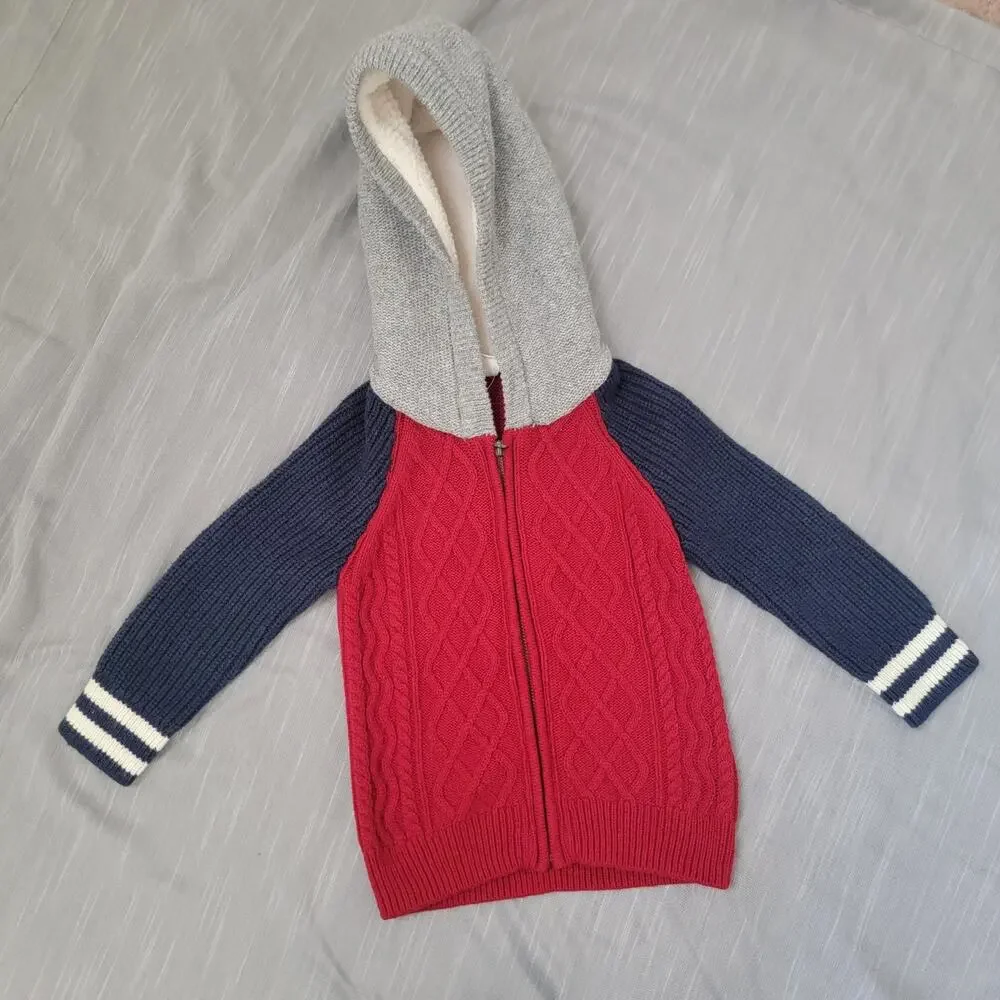 Baby Gap Full Zip Cable Knit Hoodie Sz 2T Red Blue‎ Gray Wool Blend Sweater New